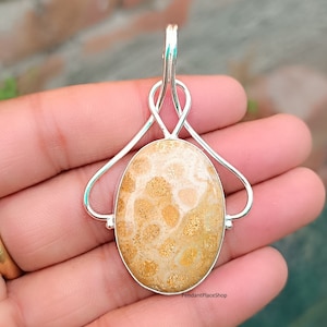 Handmade Fossil Coral 925 Sterling Silver Pendant: Boho Necklace