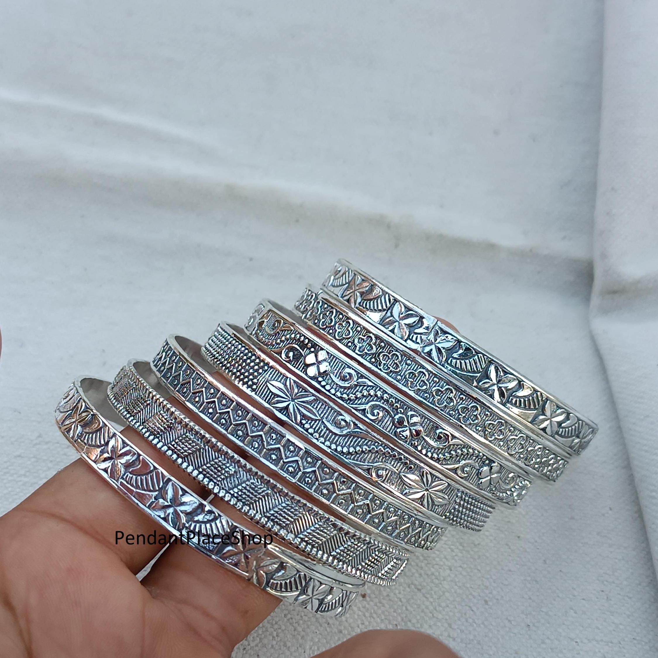 Handmade Sterling Silver Flower Bangles - Set of 7 - Etsy