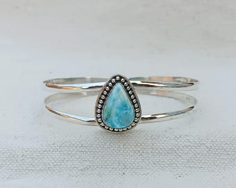 Handmade Larimar Cuff Bangle: 925 Sterling Silver Gemstone Jewelry