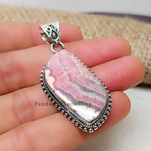 Natural Rhodochrosite 925 Sterling Silver Pendant: Handmade Women Jewelry