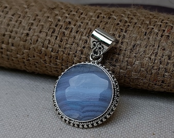 Blue Lace Agate Pendant: Handmade 925 Sterling Silver Gemstone Jewelry