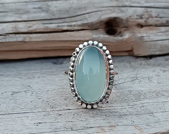 Natural Blue Chalcedony Ring, 925 Sterling Silver Ring, Handmade Ring, Designer Oval Gemstone Ring Statement Ring Gift For Her Ready to Ship