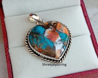 Oyster Copper Turquoise Pendant Heart Shape Pendant , 925 Sterling Silver Pendant Handmade Pendant Stylish Pendant Gift-her, Heart Oyster