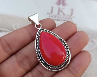 Handmade Red Coral 925 Sterling Silver Pendant Necklace