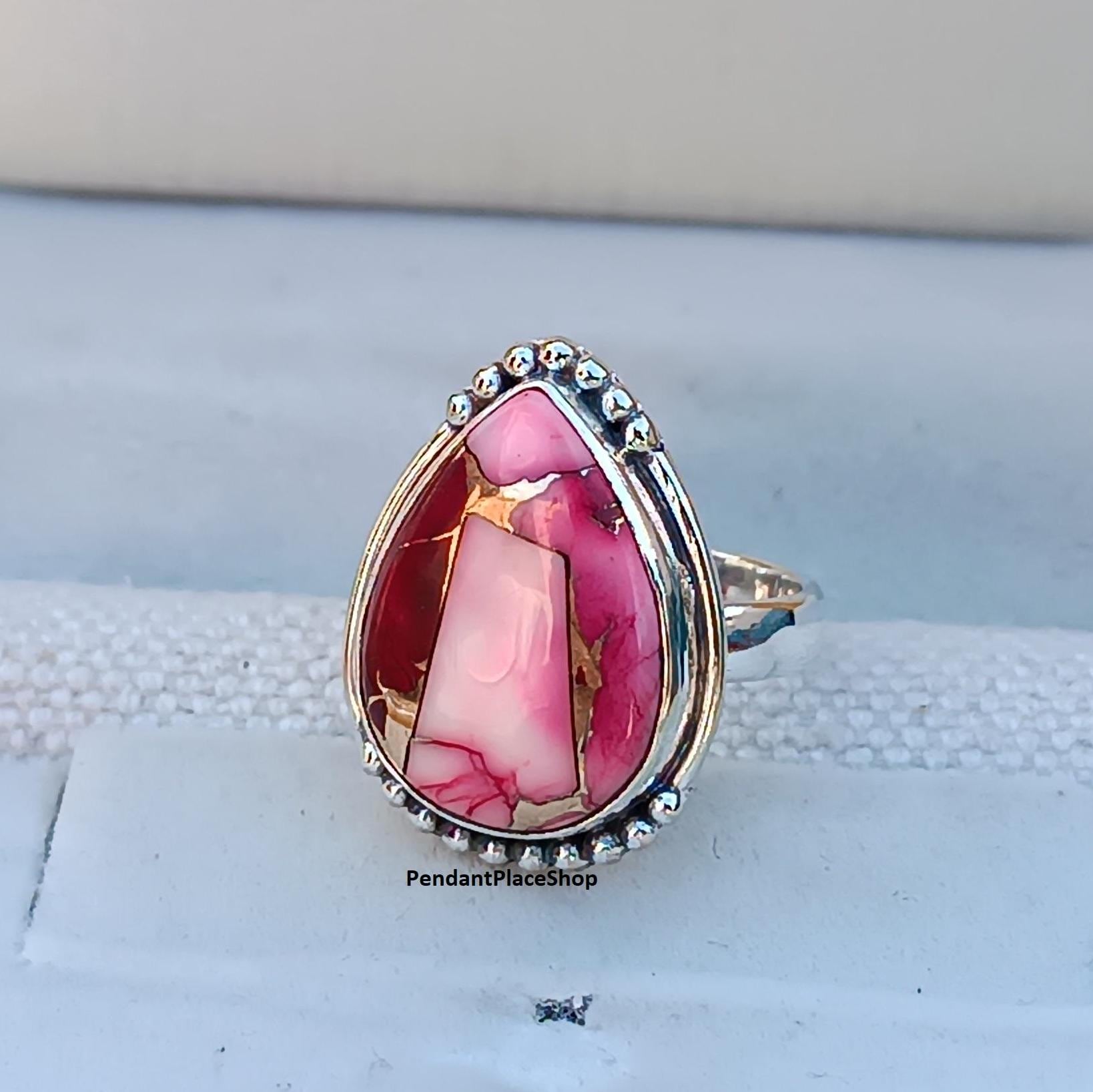 Red Rose Dahlia Turquoise Ring: Handmade 925 Sterling Silver