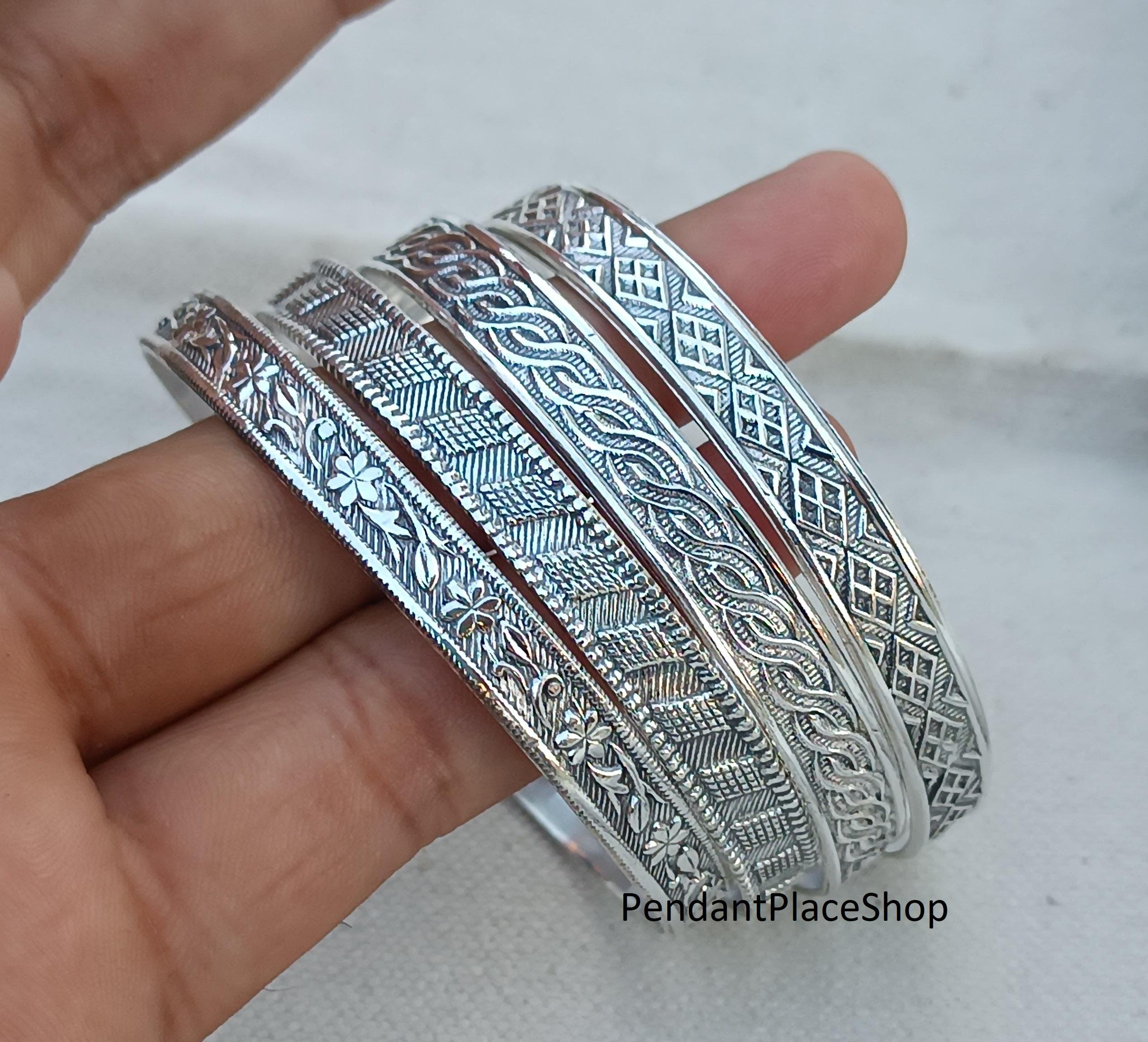 Handmade Sterling Silver Stacking Bangles - Set of 4 Floral Design