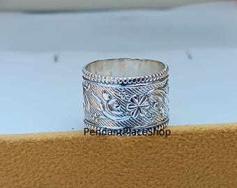 Handmade Wide Band 925 Sterling Silver Ring: Statement Wedding Jewelry