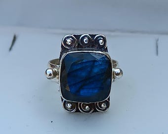 Blue Fire Labradorite Ring: 925 Sterling Silver, Handmade Statement Jewelry