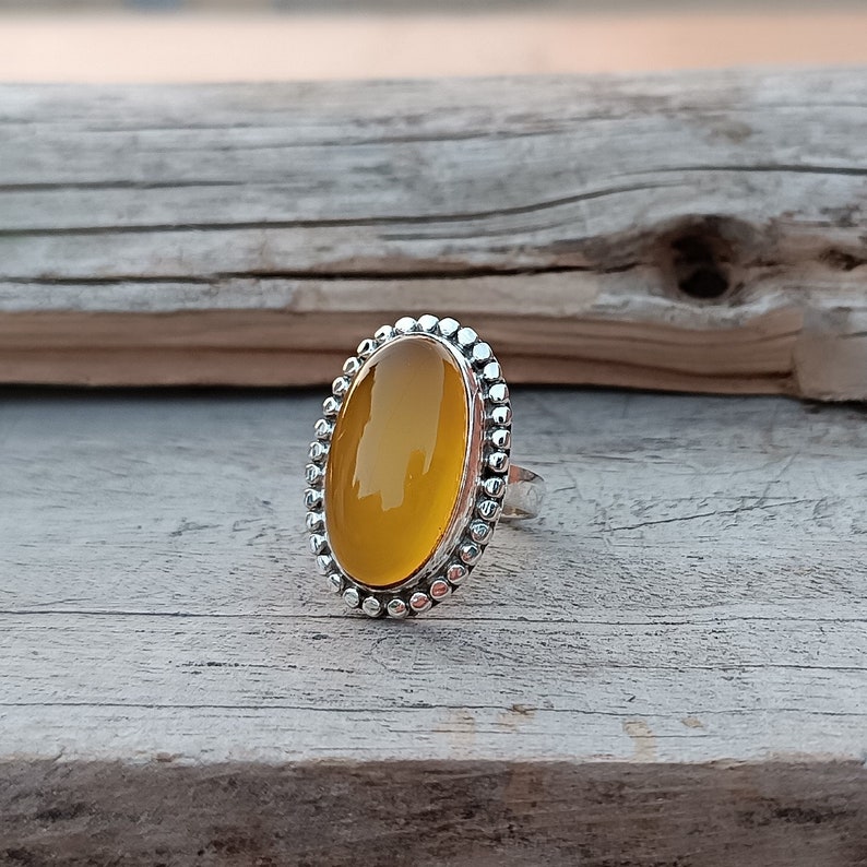Natural Blue Chalcedony Ring, 925 Sterling Silver Ring, Handmade Ring, Designer Oval Gemstone Ring Statement Ring Gift For Her Ready to Ship Yellow Onyx