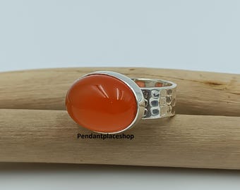 Handmade Carnelian Sterling Silver Ring, Hammered Band, Boho Jewelry