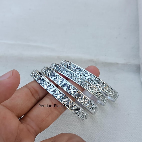 Oxidized Sterling Silver Flower Bangles - Set of 4 - Etsy