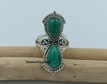 Anello in argento sterling fatto a mano con due pietre di malachite, gioiello delicato