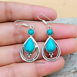 Turquoise Dangle Earrings: 925 Sterling Silver Plated Designer Jewelry