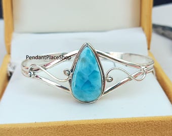Handmade Larimar Bangle: Adjustable Sterling Silver Boho Jewelry