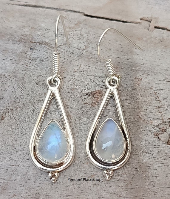 Rainbow Moonstone Pear Shape Earrings Hammered and Bead Design Antiqued Sterling Silver Rainbow Moonstone Pear Shape Earrings Hammered and Bead Design Antiqued Sterling Silver