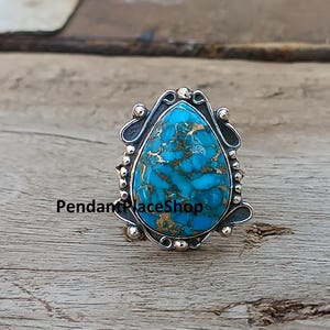 Blue Copper Turquoise Sterling Silver Ring: Boho Statement Jewelry