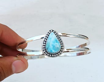 Handmade Larimar Cuff Bangle: 925 Sterling Silver Gemstone