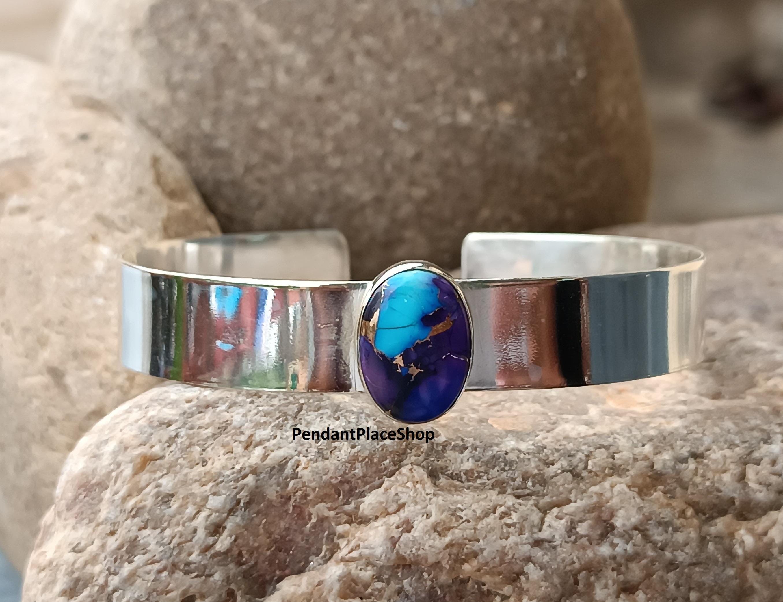 Violet & Blue Dahlia Turquoise Sterling Silver Bangle: Handmade