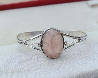 Rose Quartz Bangle: 925 Sterling Silver Adjustable Cuff