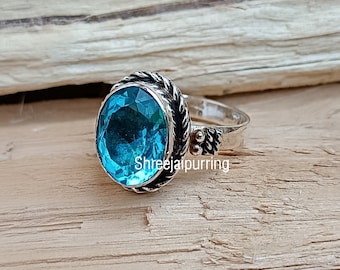 Blue Topaz Gemstone 925 Sterling Silver Band Ring Beautiful Oval Blue Topaz  Band Ring Handmade Ring Gift For Her Women Band Rind