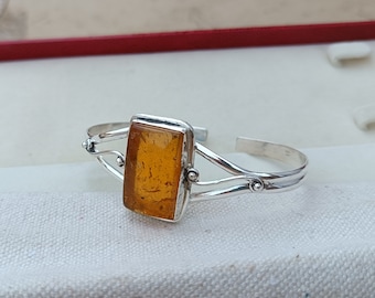 Handmade Amber Bangle: 925 Sterling Silver, Yellow Gemstone