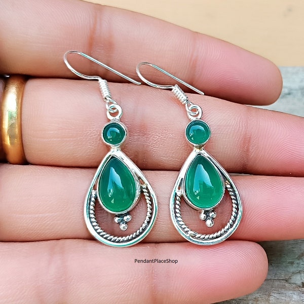 Green Onyx Earring, 925 Sterling Silver Earring, Dangle & Drop Earrings for Women, Handmade Earring, Statement Earring, Gift For Her