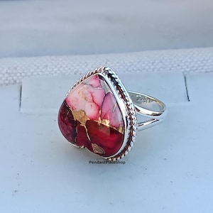 Heart Shape Ring , Red Rose Dahlia Mohave Spiny Oyster Turquoise Ring , 925 Sterling Silver Ring , Spiny Oyster Turquoise Jewelry , Gift