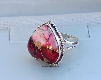 Heart Ring: Red Rose Turquoise, 925 Sterling Silver, Handmade
