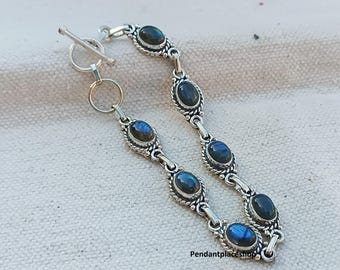 Handmade Labradorite Bracelet 925 Sterling Silver Gemstone, Women Gift, Statement Bracelet,