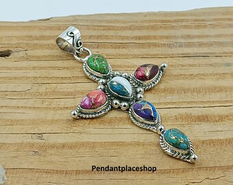 Ciondolo a croce in argento sterling, gioiello con pietre preziose multicolori
