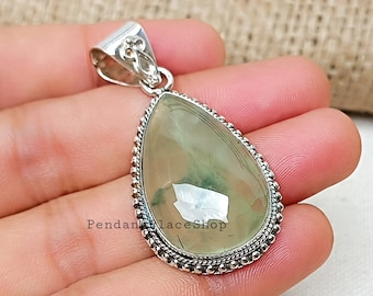 Prehnite Sterling Silver Pendant: Statement Gemstone Necklace