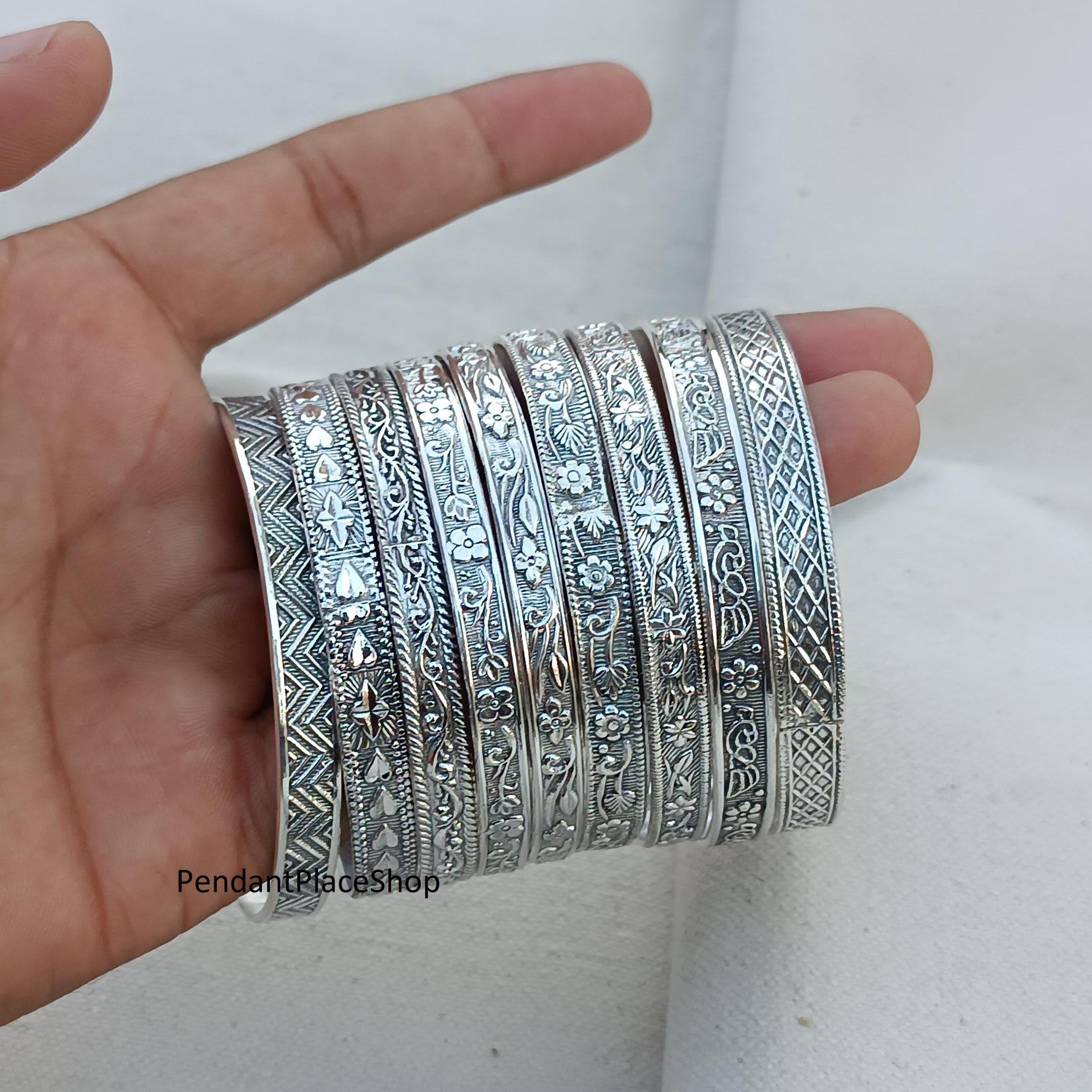 9-piece Sterling Silver Flower Bangle Set: Western Indian Jewelry