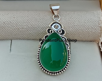 Handmade Green Onyx Pendant: 925 Sterling Silver Jewelry