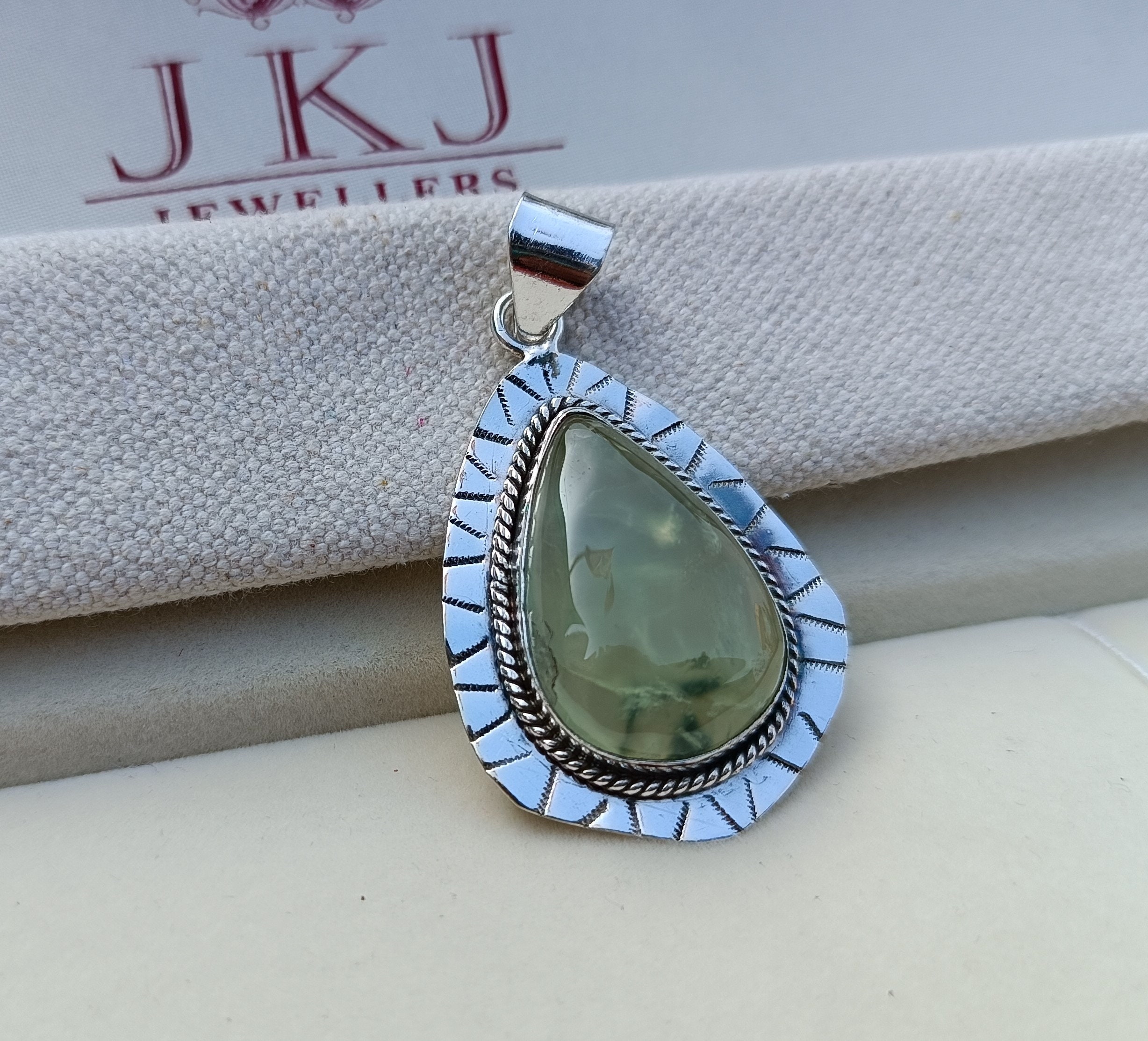 Handmade Prehnite Gemstone Pendant: 925 Sterling Silver Jewelry