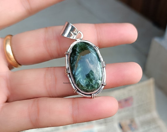 Pendentif Fait Main En Argent 925 Avec Pierre Serpentine Dorée - Collier 18 Pouces - Bijou Artisanal D'Inde