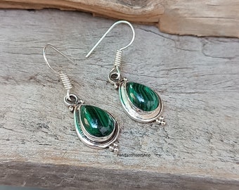 Teardrop Malachite Dangle Earrings: Handmade 925 Sterling Silver