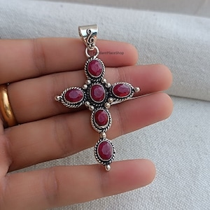 Indian Ruby Cross Pendant, 925 Sterling Silver Cross Pendant, Ruby Gemstone Pendant ,Silver Cross Pendant ,Silver Pendant