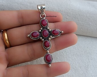 Indian Ruby Cross Pendant: 925 Sterling Silver Gemstone