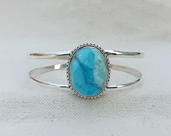 Handmade Larimar Cuff Bangle: 925 Sterling Silver Gemstone Jewelry