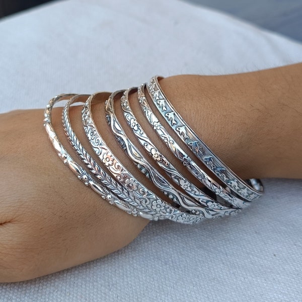 Set of 7 Bangles, Sterling  Bangles, Stacking Bracelets, Semanario, 7 Day Bangles, Jewellery, Thick Sparkly Bangles, 925 Sterling Silver