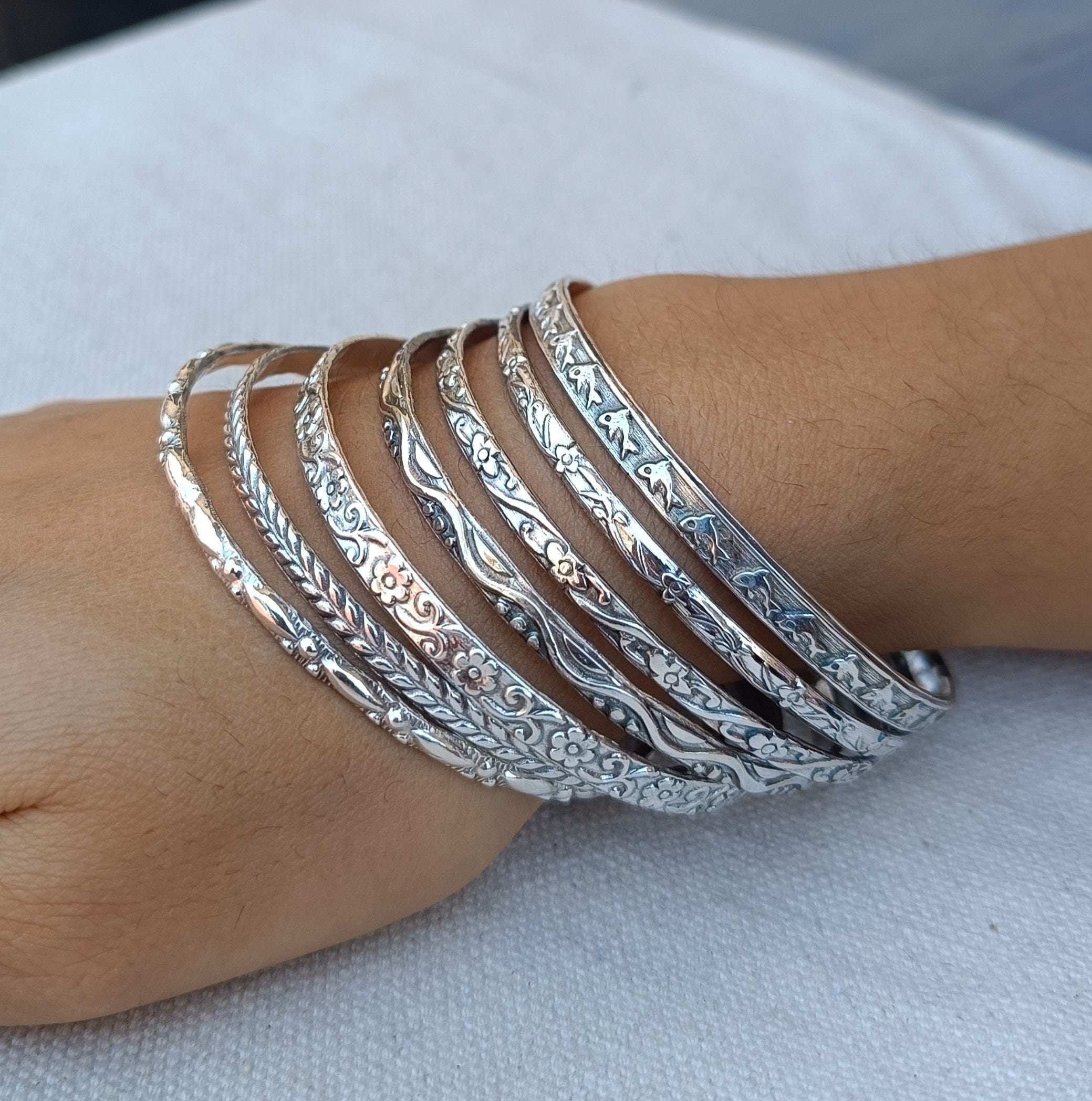 Sterling Silver Stacking Bangles - Semanario 7 Day Bracelet Set - Etsy