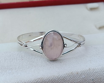 Handmade Rose Quartz 925 Sterling Silver Bangle