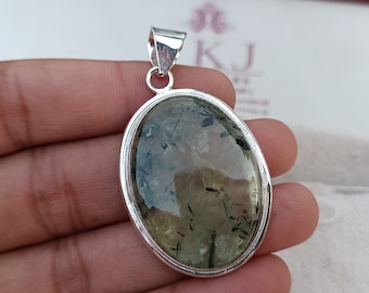 Handmade Oval Prehnite Gemstone Pendant: 925 Sterling Silver Jewelry