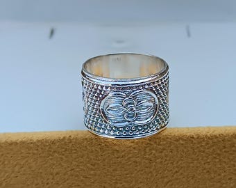 Bague Ancienne En Argent Massif 925 - Jonc Alliance Fleurs - Taille 53