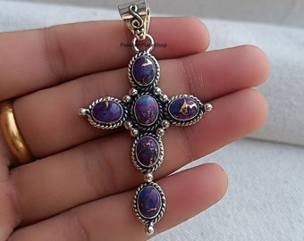 Sterling Silver Cross Pendant: Purple Copper Turquoise Gemstone