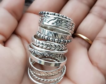Anillos apilables de plata de ley, conjunto de anillos midi texturizados