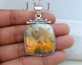 Bumblebee jasper pendent, 925 Sterling Silver Pendent, Square Shape gemstone pendent, Handmade silver jewelry, gift for mom,