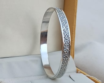 Handmade Sterling Silver Flower Bangle - Boho Band Bracelet
