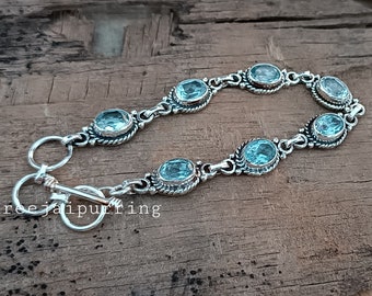 Blue Topaz Sterling Silver Bracelet - Handmade Women&#39;s Jewelry