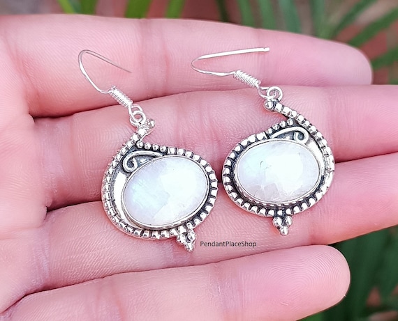 Rainbow Moonstone Earrings: 925 Sterling Silver Teardrop Dangles